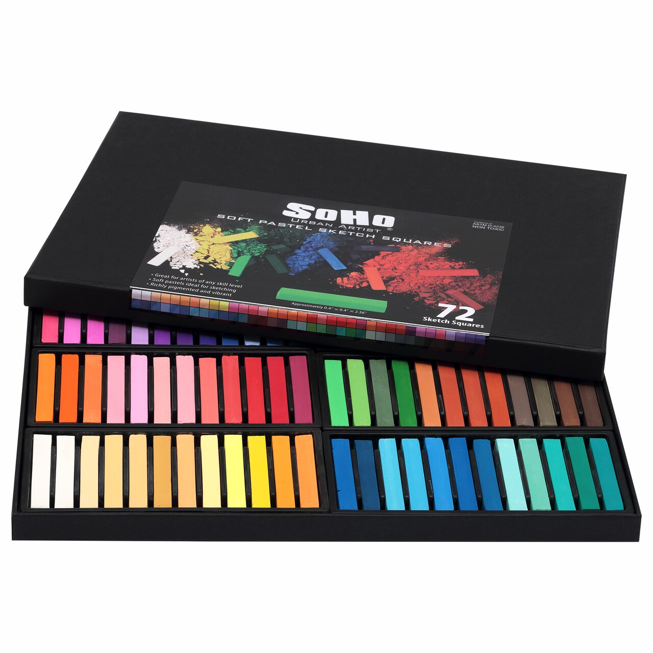 SoHo Urban Artist Slim Soft Pastel Sketch Squares - Richly Pigmented, Vibrant Color Soft Pastels for Artists Professional Pastel Artwork Studies and Sketching - Set of 72 Assorted Chalk Pastels